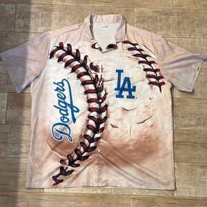 Dodgers Beige and Blue Men's button up Shirt- 95% polyester, 5% spandex